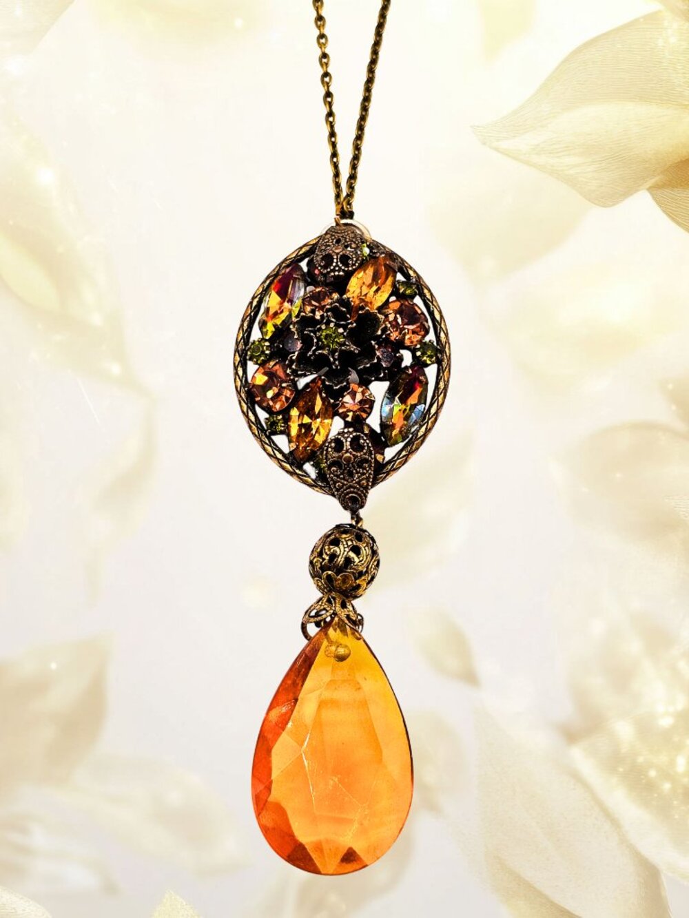 Vintage Style Amber Rhinestone Filigree Pendant Necklace Victorian Art Nouveau